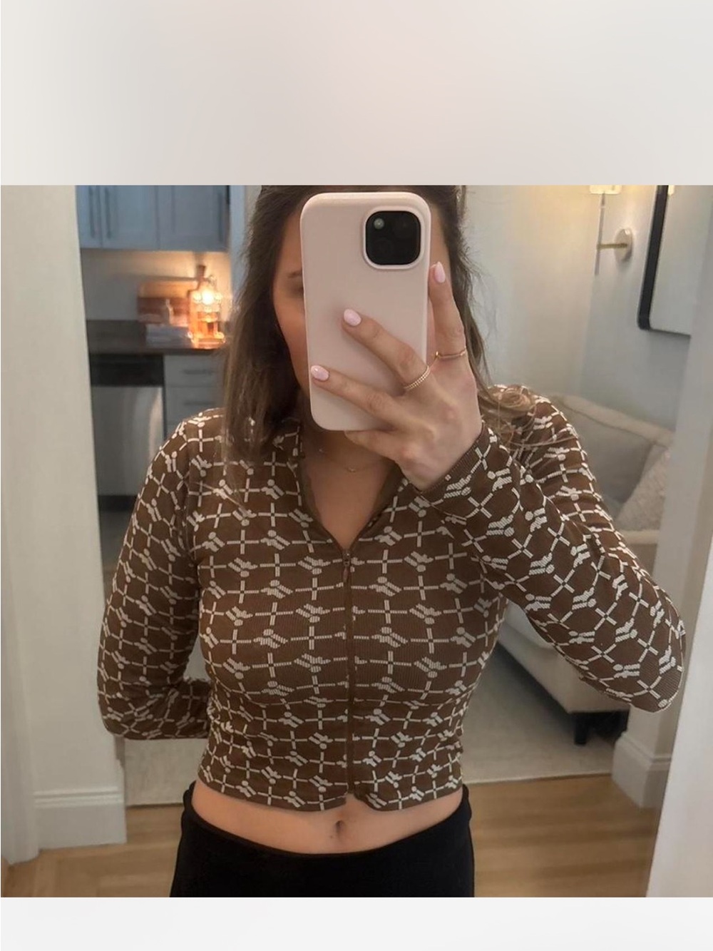 Let’s Frans Brown Long-Sleeve Zip Crop Top